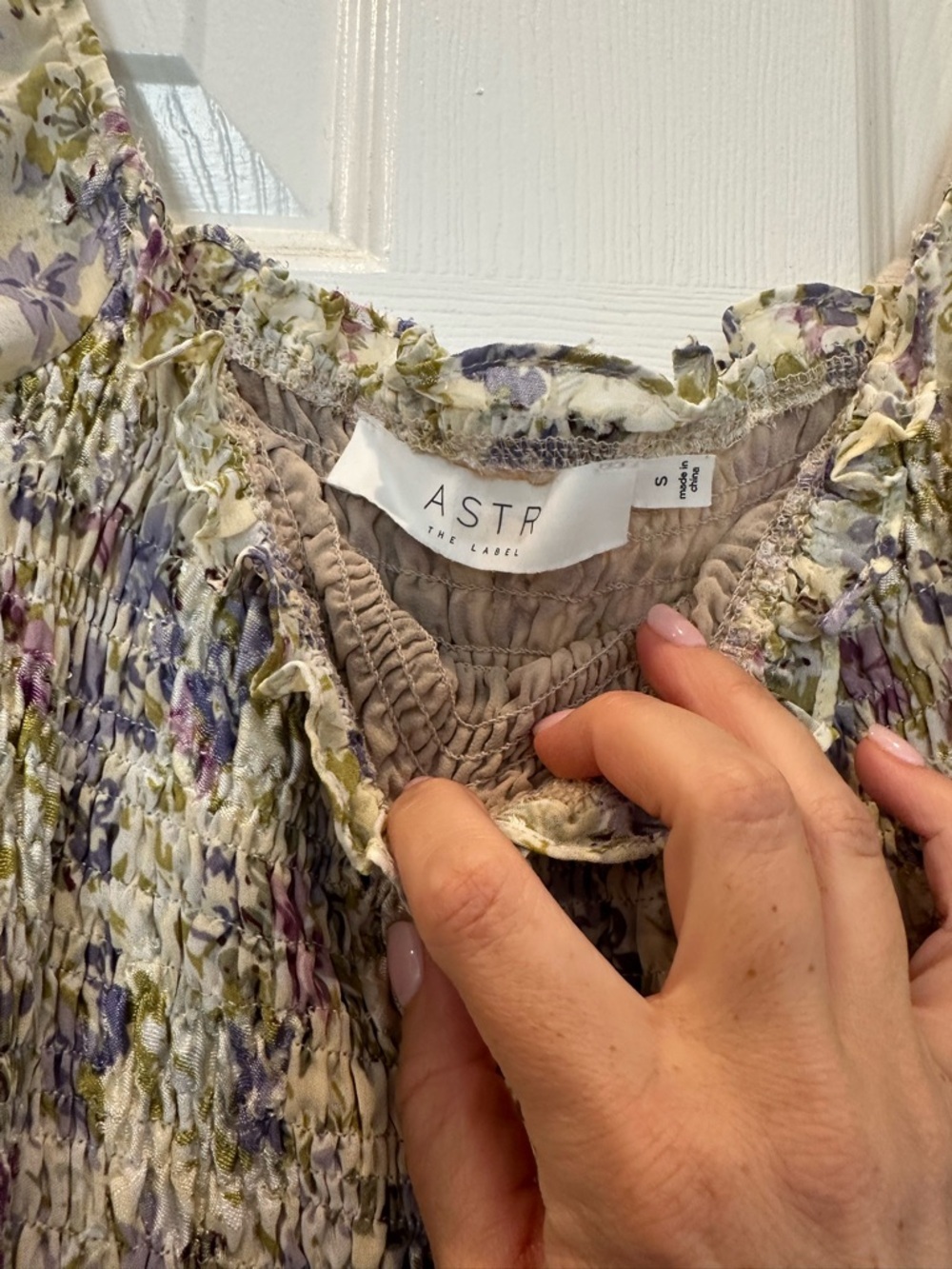 Astr Lavender and Cream Smocked Flutter-Sleeve Blouse - Picture 3 of 3